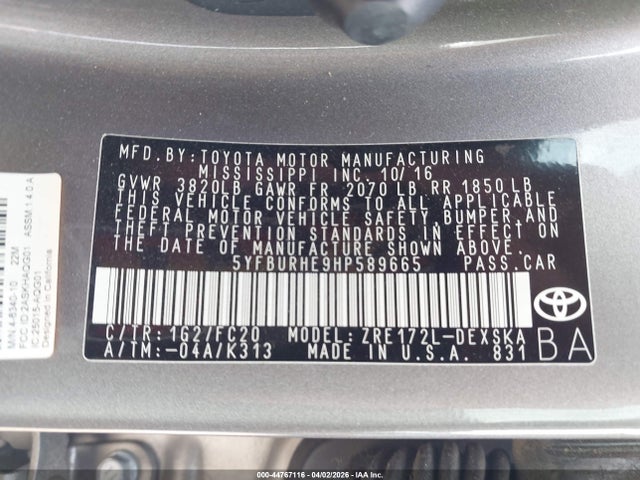 44767116 :رقم المزاد ، 5YFBURHE9HP589665 vin ، 2017 Toyota Corolla Se مزاد بيع
