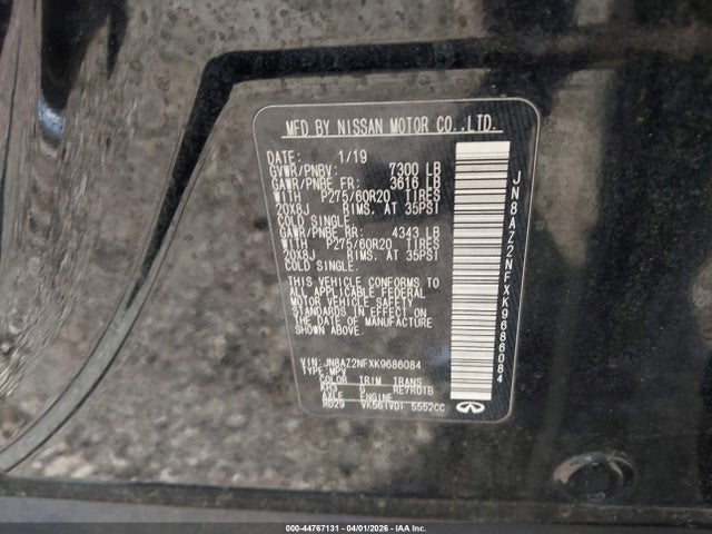 Aukcja sprzedaży 2019 Infiniti Qx80 Luxe, vin: JN8AZ2NFXK9686084, numer aukcji: 44767131