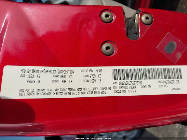 44767138 :رقم المزاد ، 1B3ES56C35D279394 vin ، 2005 Dodge Neon Sxt مزاد بيع
