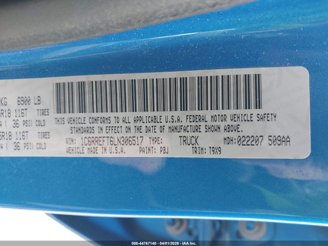 44767140 :رقم المزاد ، 1C6RREFT6LN306517 vin ، 2020 Ram 1500 Big Horn  4x2 5'7 Box مزاد بيع