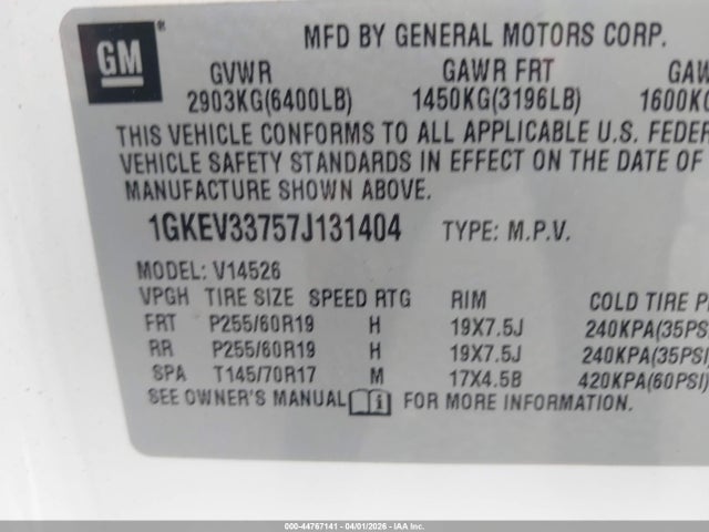Aukcja sprzedaży 2007 Gmc Acadia Slt-1, vin: 1GKEV33757J131404, numer aukcji: 44767141