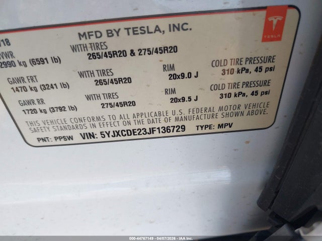 Aukcja sprzedaży 2018 Tesla Model X 100d/75d/p100d, vin: 5YJXCDE23JF136729, numer aukcji: 44767149