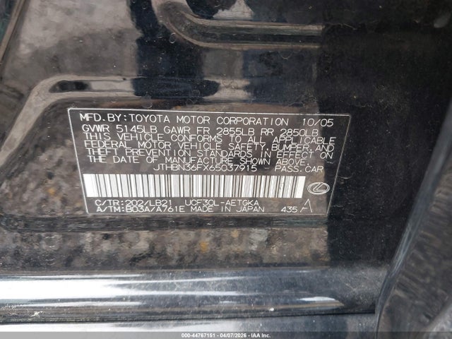 44767151 :رقم المزاد ، JTHBN36FX65037915 vin ، 2006 Lexus Ls 430 مزاد بيع