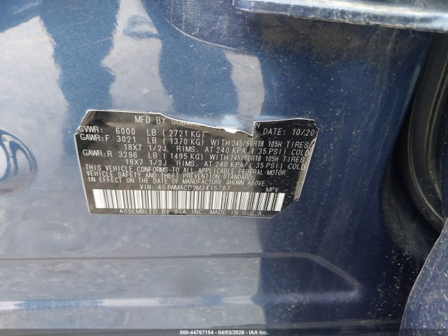 Продаж на аукціоні авто 2021 Subaru Ascent Premium, vin: 4S4WMACD9M3415787, номер лоту: 44767154