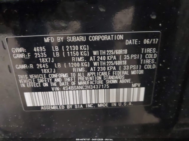 2017 Subaru Outback 2.5i Limited მანქანა იყიდება აუქციონზე, vin: 4S4BSANC2H3437175, აუქციონის ნომერი: 44767157