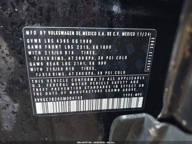 Aukcja sprzedaży 2025 Volkswagen Taos 1.5t Se, vin: 3VVSC7B26SM004143, numer aukcji: 44767159