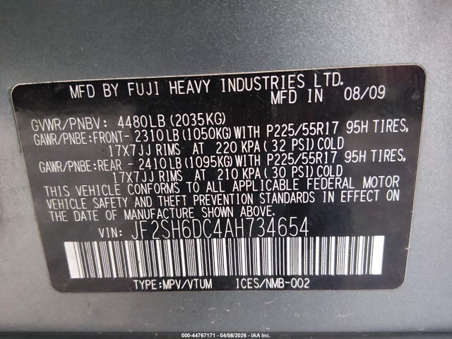 Продаж на аукціоні авто 2010 Subaru Forester 2.5x Limited, vin: JF2SH6DC4AH734654, номер лоту: 44767171