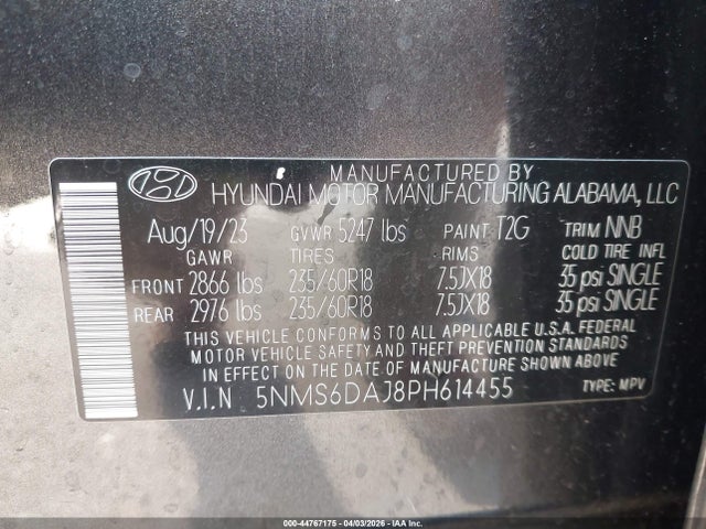 44767175 :رقم المزاد ، 5NMS6DAJ8PH614455 vin ، 2023 Hyundai Santa Fe Xrt مزاد بيع