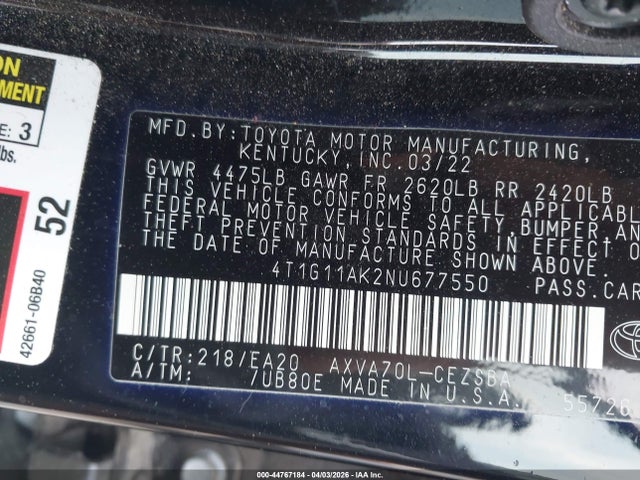 Продажа на аукционе авто 2022 Toyota Camry Se, vin: 4T1G11AK2NU677550, номер лота: 44767184