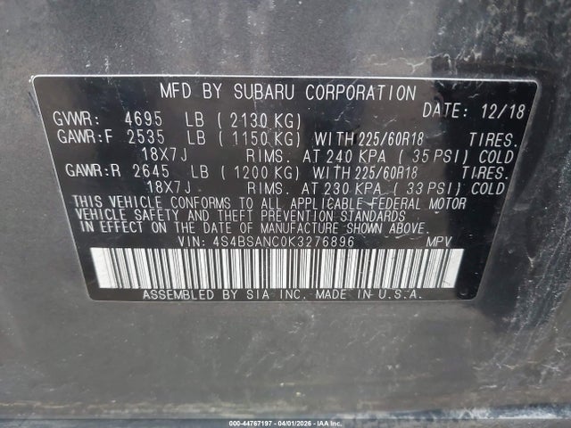 Продажа на аукционе авто 2019 Subaru Outback 2.5i Limited, vin: 4S4BSANC0K3276896, номер лота: 44767197