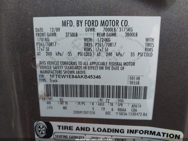 Aukcja sprzedaży 2010 Ford F-150 Xl/xlt, vin: 1FTEW1E84AKB45346, numer aukcji: 44767204