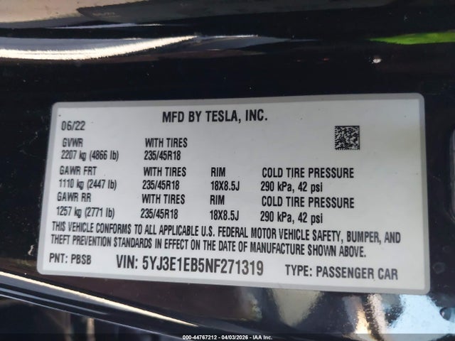 Aukcja sprzedaży 2022 Tesla Model 3 Long Range Dual Motor All-wheel Drive, vin: 5YJ3E1EB5NF271319, numer aukcji: 44767212