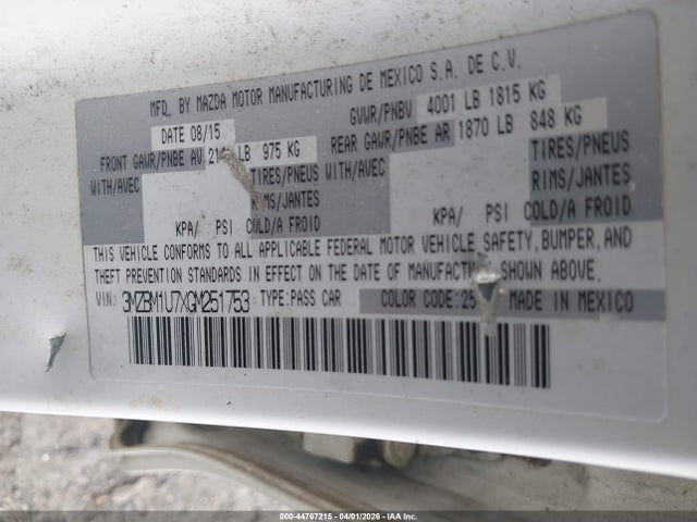 44767215 :رقم المزاد ، 3MZBM1U7XGM251753 vin ، 2016 Mazda Mazda3 I Sport مزاد بيع