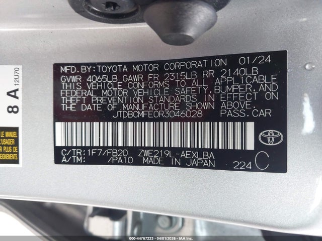 Продажа на аукционе авто 2024 Toyota Corolla Hybrid Le, vin: JTDBCMFE0R3046028, номер лота: 44767223
