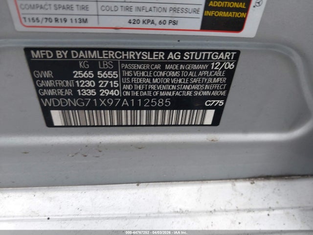 44767252 :رقم المزاد ، WDDNG71X97A112585 vin ، 2007 Mercedes-benz S 550 مزاد بيع