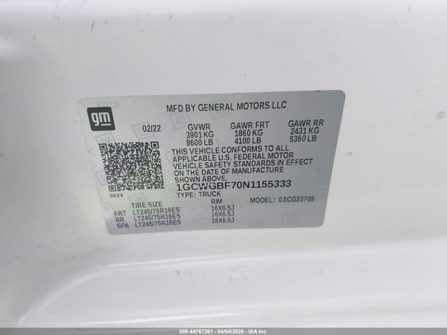 1GCWGBF70N1155333 Chevrolet Express Cargo Rwd 2500 Extended Wheelbase Wt