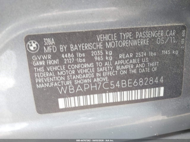 Aukcja sprzedaży 2011 Bmw 328i, vin: WBAPH7C54BE682844, numer aukcji: 44767262