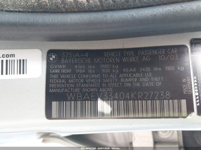 Продажа на аукционе авто 2004 Bmw 325i, vin: WBAEV33404KR27238, номер лота: 44767269