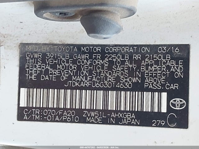 JTDKARFU6G3014630 Toyota Prius Three
