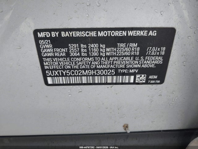 2021 Bmw X3 Xdrive30i მანქანა იყიდება აუქციონზე, vin: 5UXTY5C02M9H30025, აუქციონის ნომერი: 44767292