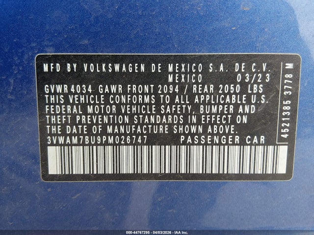 2023 Volkswagen Jetta 1.5t Sport მანქანა იყიდება აუქციონზე, vin: 3VWAM7BU9PM026747, აუქციონის ნომერი: 44767295