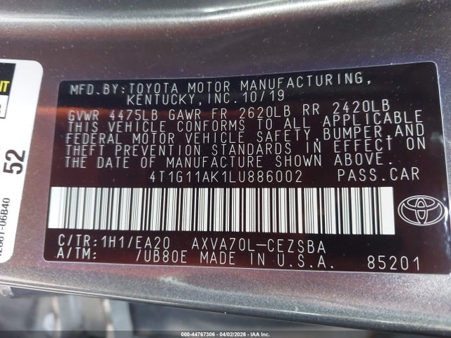 4T1G11AK1LU886002 Toyota Camry Se/se Night Shade