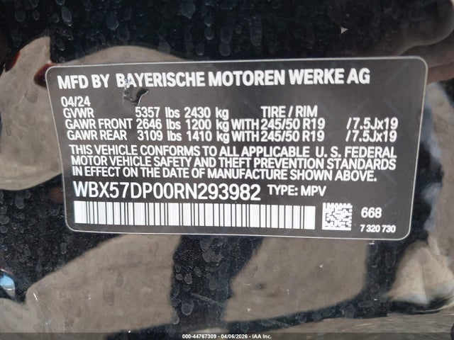 2024 Bmw X3 Xdrive30i მანქანა იყიდება აუქციონზე, vin: WBX57DP00RN293982, აუქციონის ნომერი: 44767309
