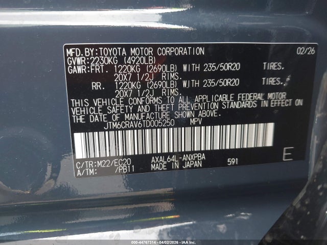 44767314 :رقم المزاد ، JTM6CRAV6TD005250 vin ، 2026 Toyota Rav4 Xse مزاد بيع