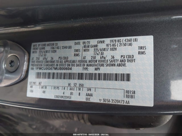 Ford ESCAPE SE 2021 1FMCU0G67MUB00604 Image 9