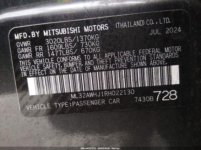 Продажа на аукционе авто 2024 Mitsubishi Mirage Black Edition/ralliart/se, vin: ML32AWHJ1RH022130, номер лота: 44767318
