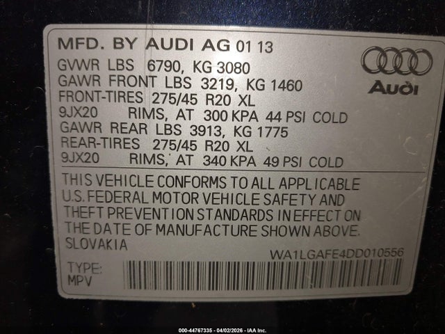 Aukcja sprzedaży 2013 Audi Q7 3.0t Premium, vin: WA1LGAFE4DD010556, numer aukcji: 44767335