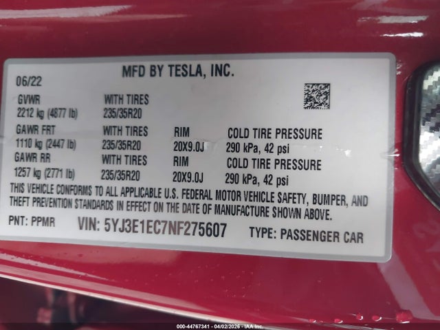 2022 Tesla Model 3 Performance Dual Motor All-wheel Drive მანქანა იყიდება აუქციონზე, vin: 5YJ3E1EC7NF275607, აუქციონის ნომერი: 44767341