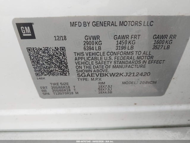 44767345 :رقم المزاد ، 5GAEVBKW2KJ212420 vin ، 2019 Buick Enclave Awd Premium مزاد بيع