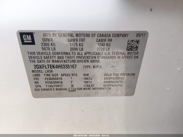 44767369 :رقم المزاد ، 2GKFLTEK4H6335167 vin ، 2017 Gmc Terrain Sle-2 مزاد بيع