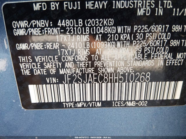 44767372 :رقم المزاد ، JF2SJAEC8HH510268 vin ، 2017 Subaru Forester 2.5i Premium مزاد بيع