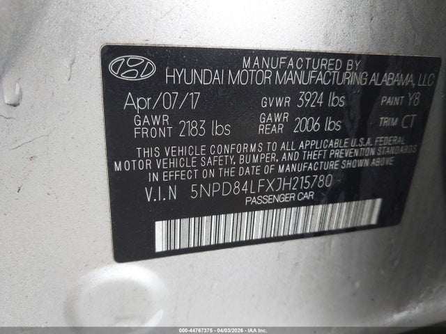 Продажа на аукционе авто 2018 Hyundai Elantra Limited, vin: 5NPD84LFXJH215780, номер лота: 44767375