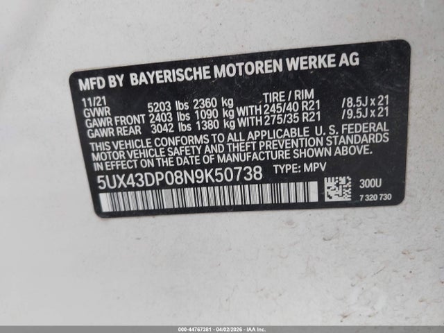 Aukcja sprzedaży 2022 Bmw X3 Sdrive30i, vin: 5UX43DP08N9K50738, numer aukcji: 44767381