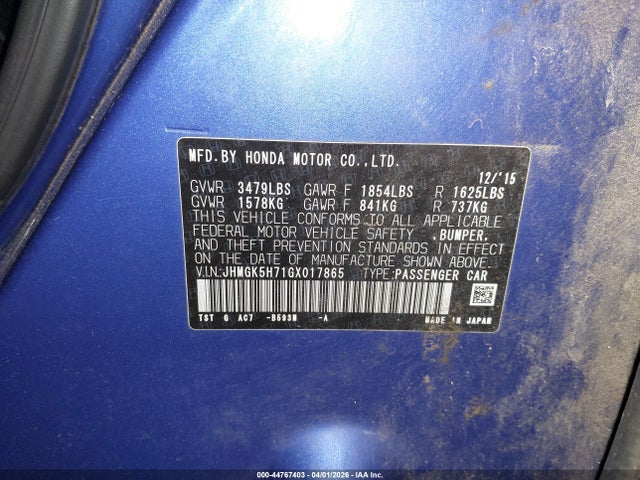 JHMGK5H71GX017865 Honda FIT EX
