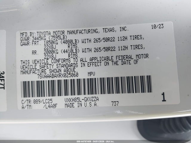 2024 Toyota Sequoia Capstone მანქანა იყიდება აუქციონზე, vin: 7SVAAABAXRX025060, აუქციონის ნომერი: 44767409