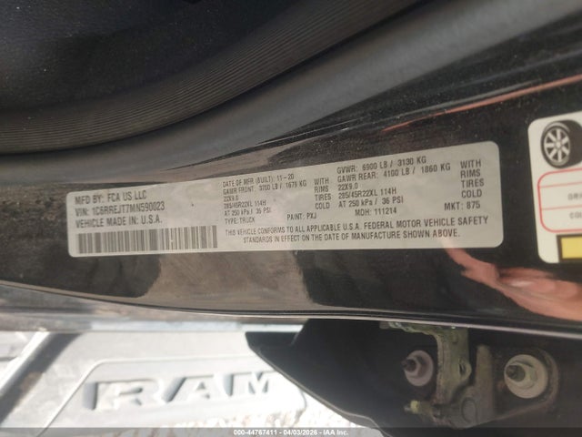 Aukcja sprzedaży 2021 Ram 1500 Laramie  4x2 5'7 Box, vin: 1C6RREJT7MN590023, numer aukcji: 44767411