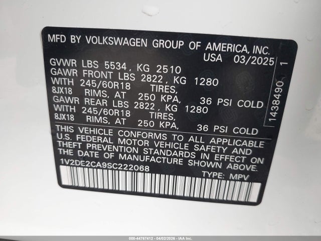 Aukcja sprzedaży 2025 Volkswagen Atlas Cross Sport 2.0t Se, vin: 1V2DE2CA9SC222068, numer aukcji: 44767412