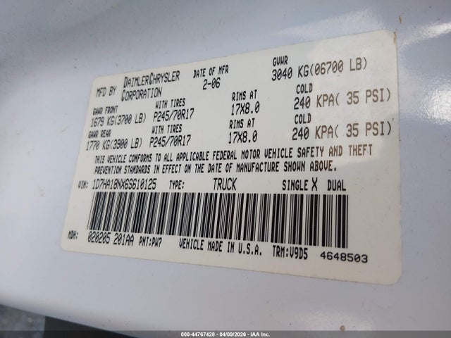 Продажа на аукционе авто 2006 Dodge Ram 1500 Slt, vin: 1D7HA18NX6S610125, номер лота: 44767428