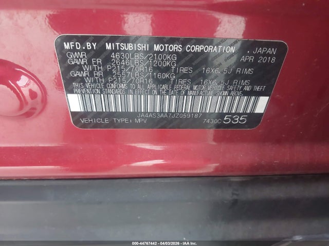 2018 Mitsubishi Eclipse Cross Es მანქანა იყიდება აუქციონზე, vin: JA4AS3AA7JZ059187, აუქციონის ნომერი: 44767442