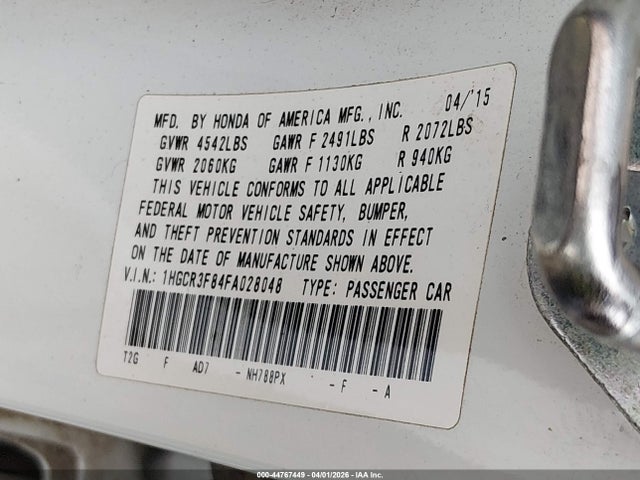 44767449 :رقم المزاد ، 1HGCR3F84FA028048 vin ، 2015 Honda Accord Ex-l V-6 مزاد بيع