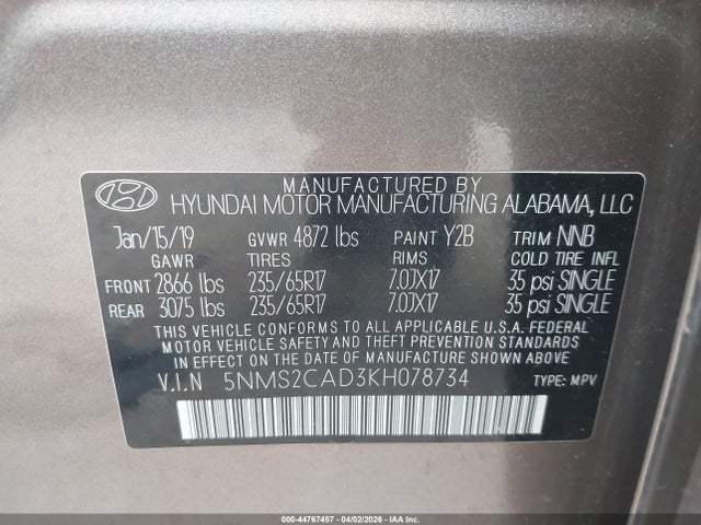 2019 Hyundai Santa Fe Se მანქანა იყიდება აუქციონზე, vin: 5NMS2CAD3KH078734, აუქციონის ნომერი: 44767457
