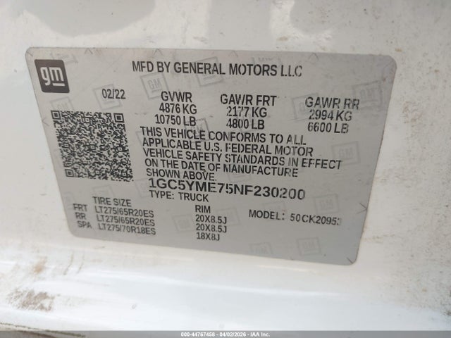 1GC5YME75NF230200 Chevrolet Silverado 2500hd 4wd Long Bed Custom