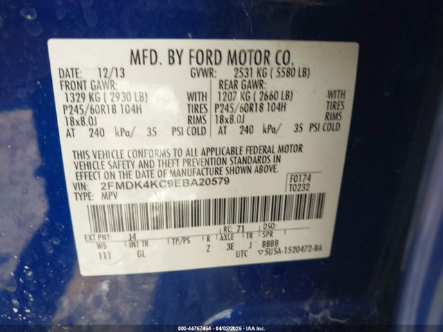 2014 Ford Edge Limited მანქანა იყიდება აუქციონზე, vin: 2FMDK4KC9EBA20579, აუქციონის ნომერი: 44767464