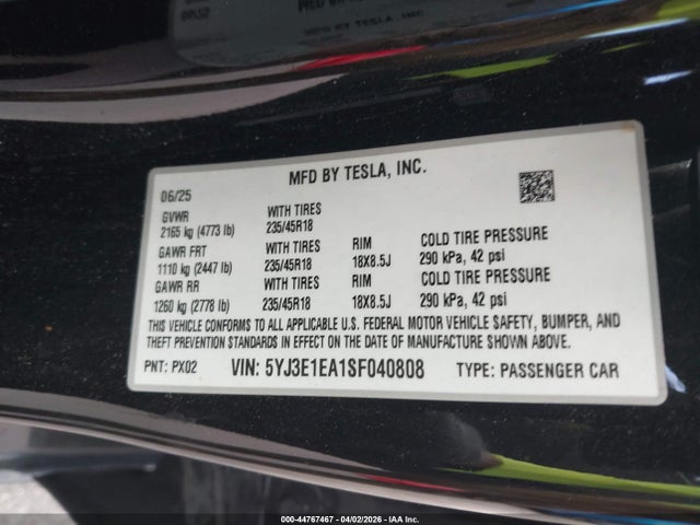 44767467 :رقم المزاد ، 5YJ3E1EA1SF040808 vin ، 2025 Tesla Model 3 Long Range Rear-wheel Drive/standard Rear-wheel Drive مزاد بيع