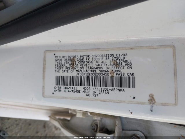 44767476 :رقم المزاد ، JTDBR32E932003450 vin ، 2003 Toyota Corolla Le مزاد بيع