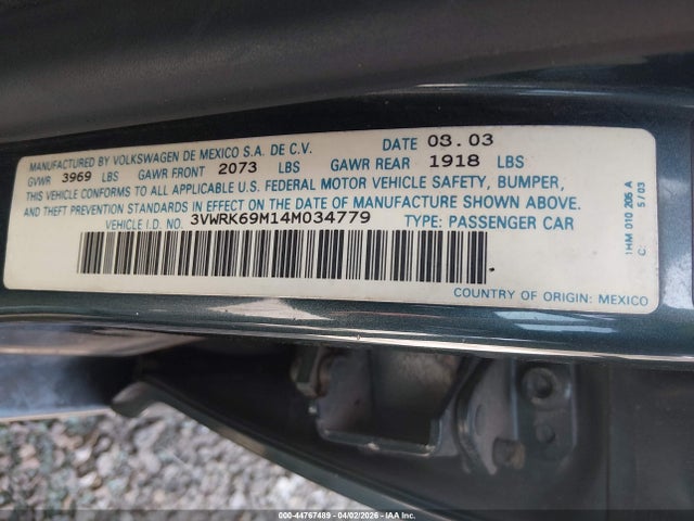 Aukcja sprzedaży 2004 Volkswagen Jetta Gl, vin: 3VWRK69M14M034779, numer aukcji: 44767489